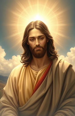 A profound artistic representation of Jesus, depicted in a serene and spiritual setting, emanating a halo of light symbolizing divinity