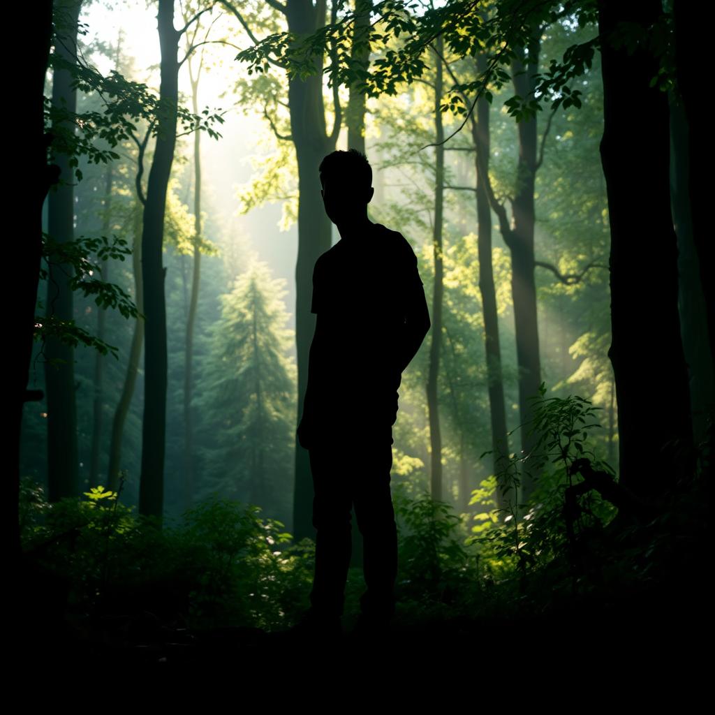 A silhouette of a man standing in a dense, mystical forest