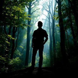 A silhouette of a man standing in a dense, mystical forest