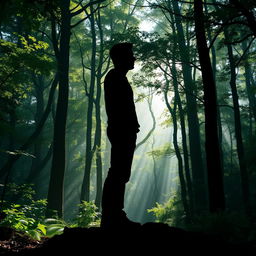 A silhouette of a man standing in a dense, mystical forest