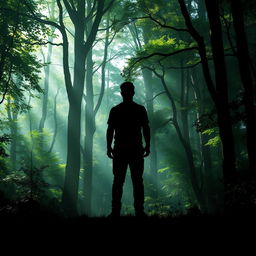 A silhouette of a man standing in a dense, mystical forest