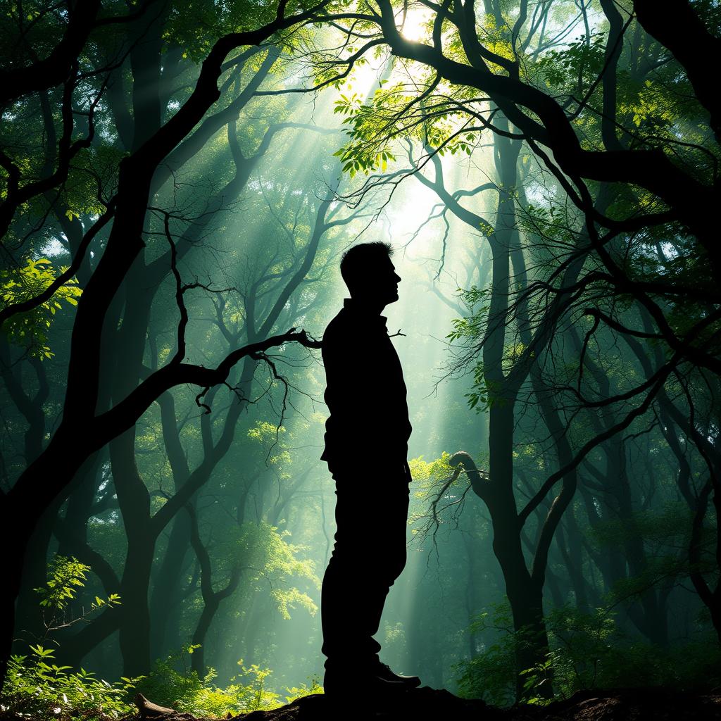 A silhouette of a man standing tall in a dense, enchanting forest