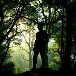 A silhouette of a man standing tall in a dense, enchanting forest