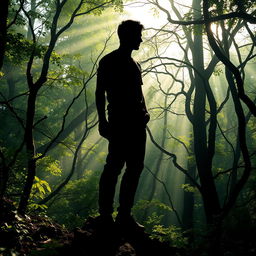 A silhouette of a man standing tall in a dense, enchanting forest