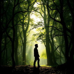 A silhouette of a man standing tall in a dense, enchanting forest