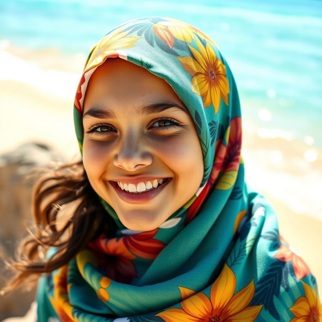 An enchanting Australian girl wearing a colorful hijab, representing a fusion of cultures