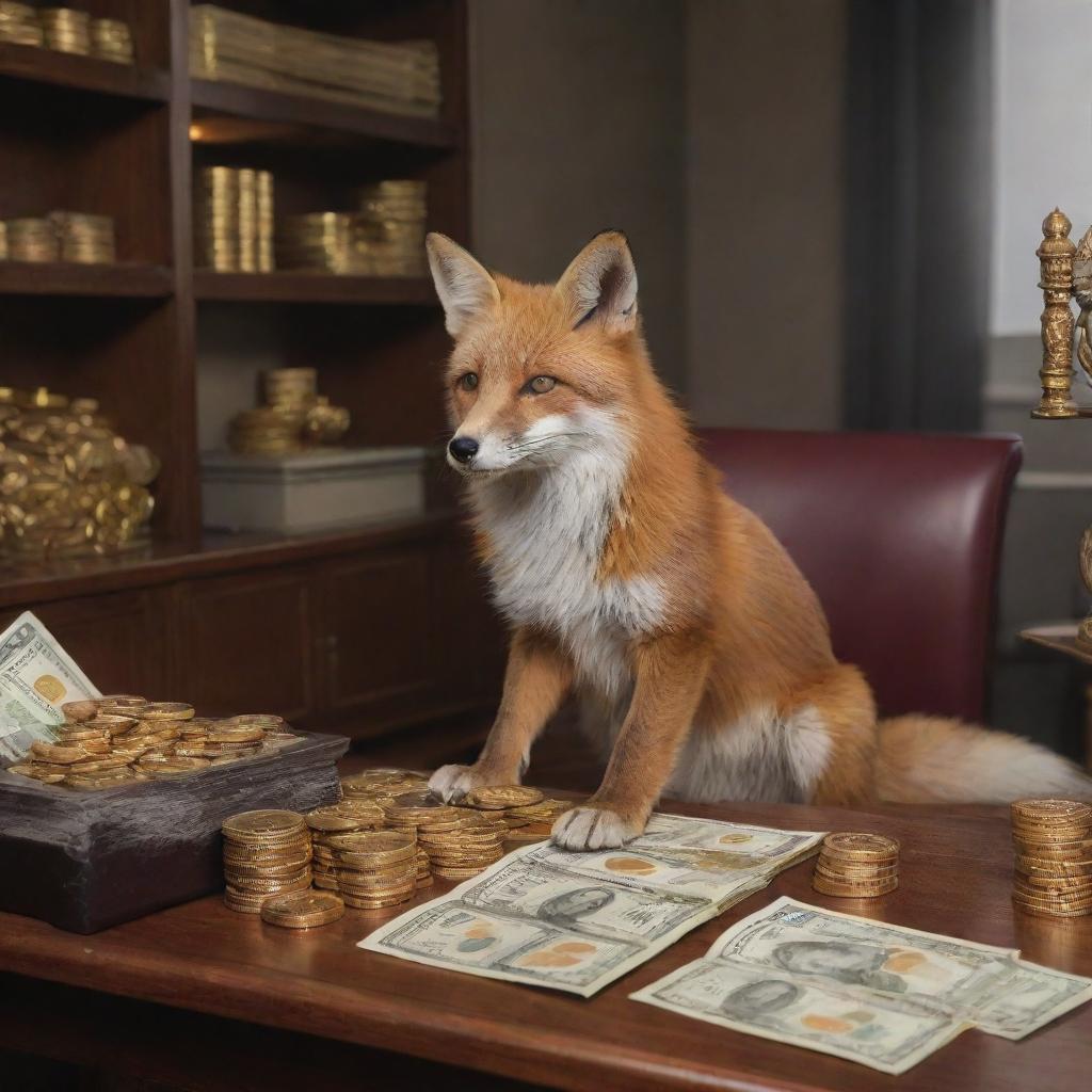 A clever fox sitting in a lavish office, with a magic machine that generates gold coins and paper money.