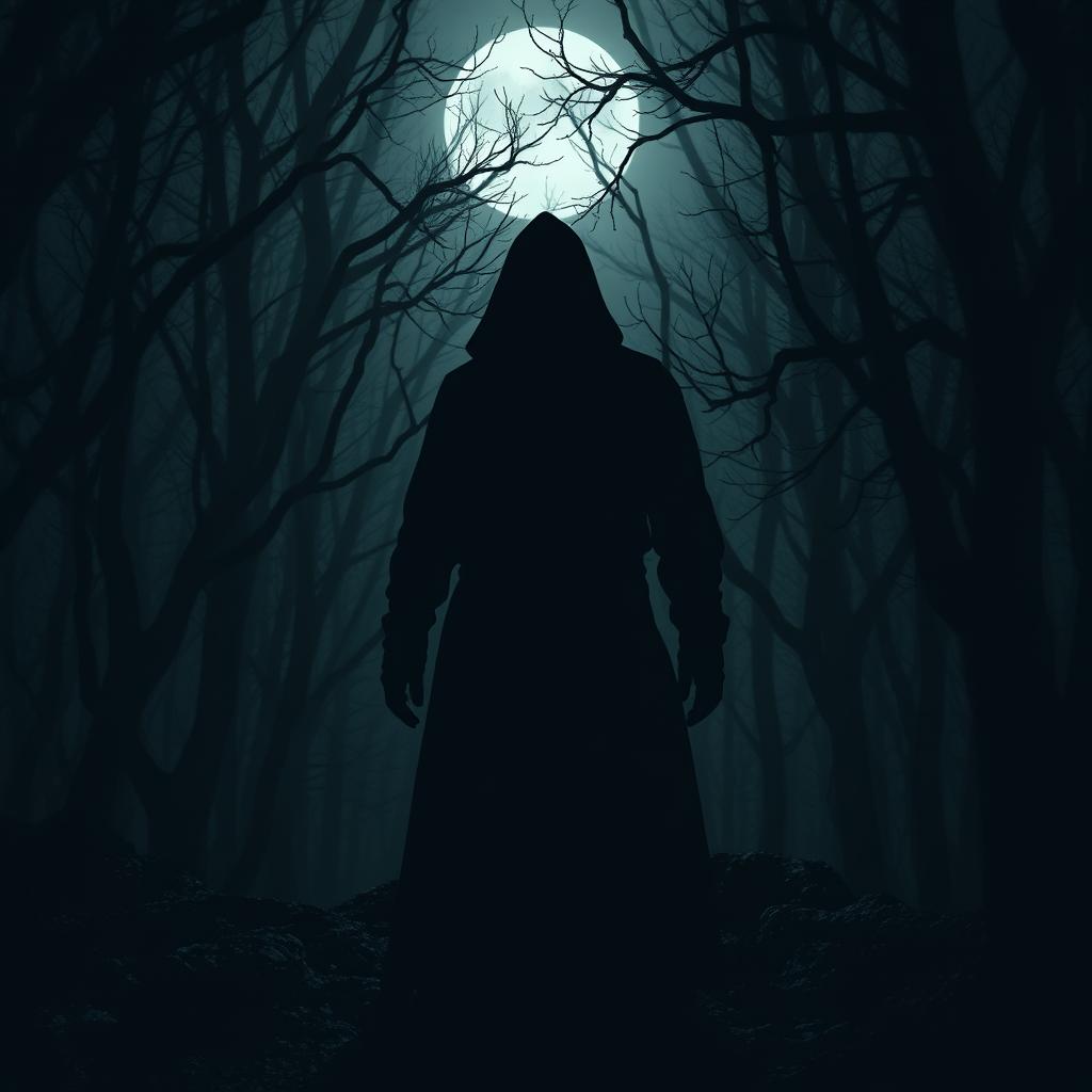 A shadowy silhouette of a hooded man standing in a dark, foreboding forest