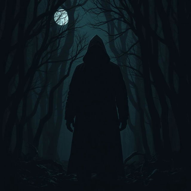 A shadowy silhouette of a hooded man standing in a dark, foreboding forest