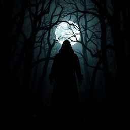 A shadowy silhouette of a hooded man standing in a dark, foreboding forest