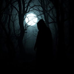 A shadowy silhouette of a hooded man standing in a dark, foreboding forest