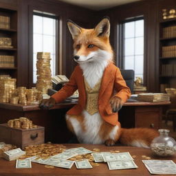 A clever fox sitting in a lavish office, with a magic machine that generates gold coins and paper money.