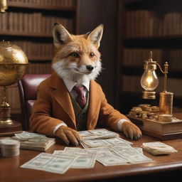 A clever fox sitting in a lavish office, with a magic machine that generates gold coins and paper money.