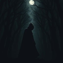 A shadowy silhouette of a hooded man standing in a dark, mysterious forest