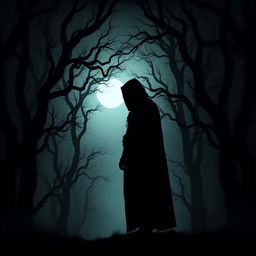 A shadowy silhouette of a hooded man standing in a dark, mysterious forest