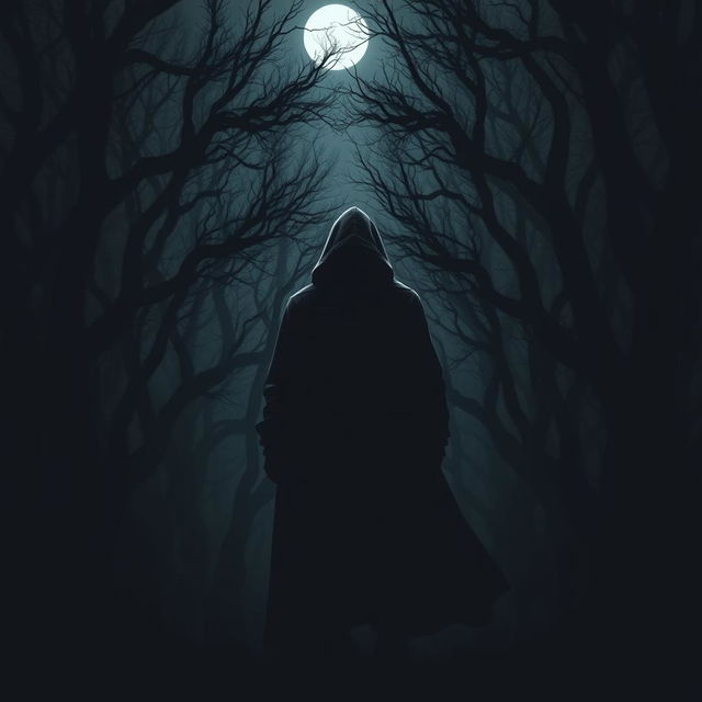 A shadowy silhouette of a hooded man standing in a dark, mysterious forest