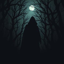 A shadowy silhouette of a hooded man standing in a dark, mysterious forest