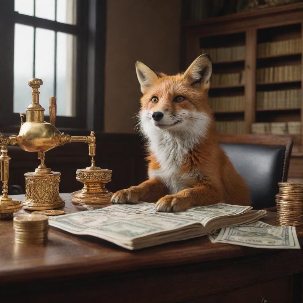 A clever fox sitting in a lavish office, with a magic machine that generates gold coins and paper money.