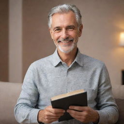 A deeply loving, smiling father with wise and gentle eyes, graying hair, and holding a book symbolizing wisdom. Dressed in a casual yet stylish outfit, surrounded by a warm glow to emphasize his invaluable presence.