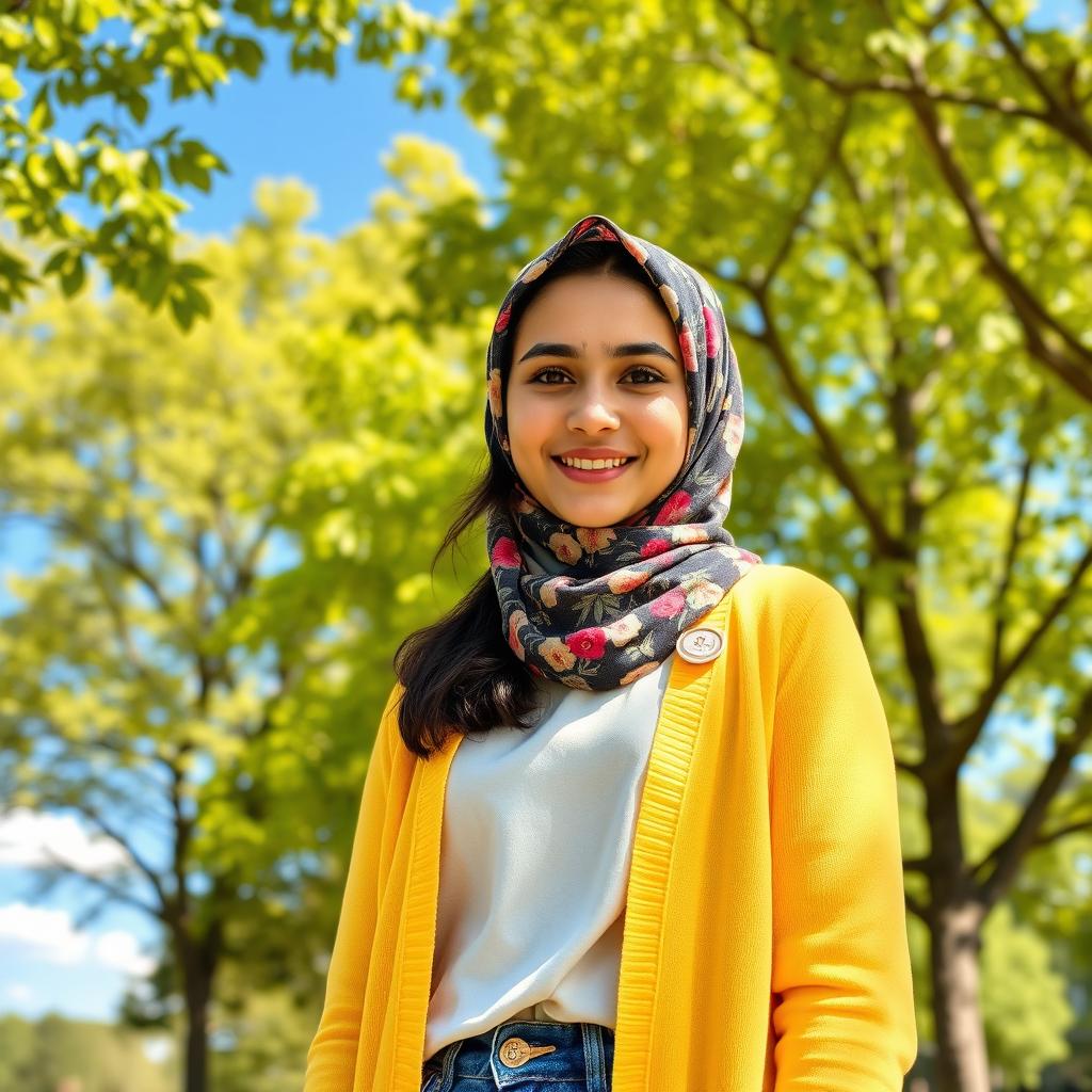 An Australian girl wearing a hijab, standing in a sunlit park, surrounded by vibrant green trees