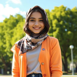 An Australian girl wearing a hijab, standing in a sunlit park, surrounded by vibrant green trees