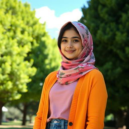 An Australian girl wearing a hijab, standing in a sunlit park, surrounded by vibrant green trees