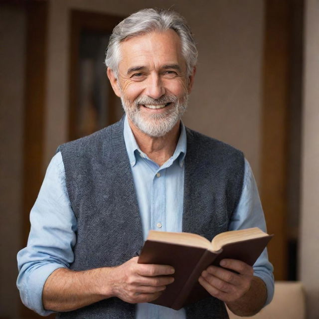 A deeply loving, smiling father with wise and gentle eyes, graying hair, and holding a book symbolizing wisdom. Dressed in a casual yet stylish outfit, surrounded by a warm glow to emphasize his invaluable presence.