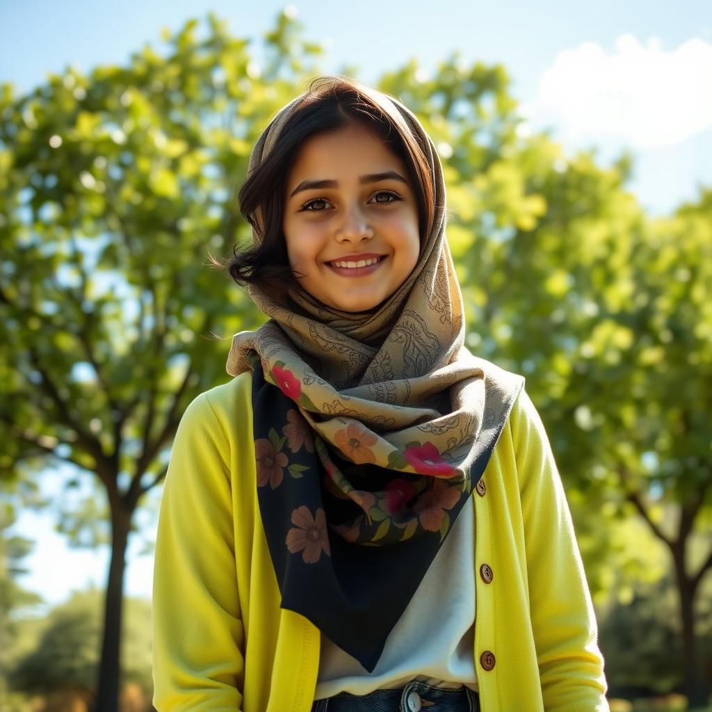 An Australian girl wearing a hijab, standing in a sunlit park, surrounded by vibrant green trees