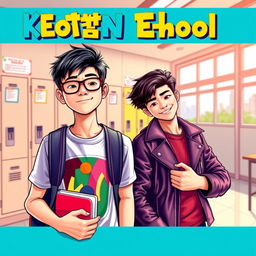 A vibrant and engaging eBook cover featuring a scene with a nerdy teenage boy and a rebellious bad boy in a modern Korean high school setting