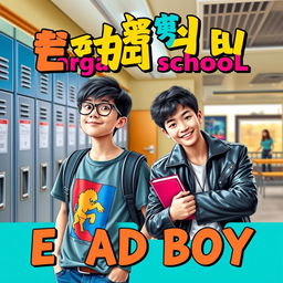 A vibrant and engaging eBook cover featuring a scene with a nerdy teenage boy and a rebellious bad boy in a modern Korean high school setting