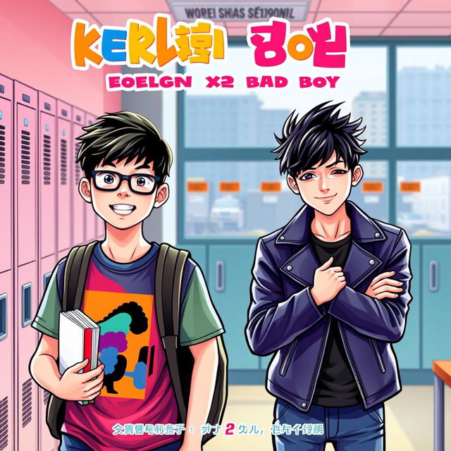 A vibrant and engaging eBook cover featuring a scene with a nerdy teenage boy and a rebellious bad boy in a modern Korean high school setting