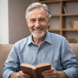 A deeply loving, smiling father with wise and gentle eyes, graying hair, and holding a book symbolizing wisdom. Dressed in a casual yet stylish outfit, surrounded by a warm glow to emphasize his invaluable presence.