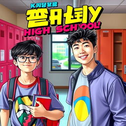 A vibrant and engaging eBook cover featuring a scene with a nerdy teenage boy and a rebellious bad boy in a modern Korean high school setting