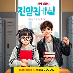 A captivating eBook cover showcasing a scene with a nerdy teenage girl and a rebellious bad boy in a contemporary Korean high school environment