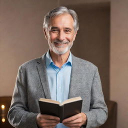 A deeply loving, smiling father with wise and gentle eyes, graying hair, and holding a book symbolizing wisdom. Dressed in a casual yet stylish outfit, surrounded by a warm glow to emphasize his invaluable presence.