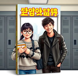 A captivating eBook cover showcasing a scene with a nerdy teenage girl and a rebellious bad boy in a contemporary Korean high school environment