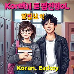 A captivating eBook cover showcasing a scene with a nerdy teenage girl and a rebellious bad boy in a contemporary Korean high school environment