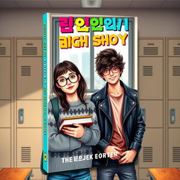 A captivating eBook cover showcasing a scene with a nerdy teenage girl and a rebellious bad boy in a contemporary Korean high school environment