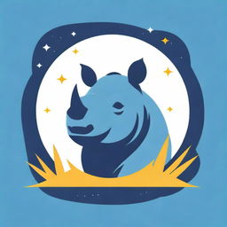 Design a party logo featuring a mighty rhino's head, sparkling stars, majestic banyan trees, and radiant yellow bamboo trees.