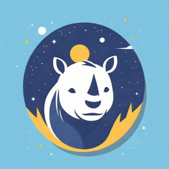 Design a party logo featuring a mighty rhino's head, sparkling stars, majestic banyan trees, and radiant yellow bamboo trees.