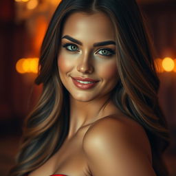 A stunning close-up of a glamorous woman with luscious long hair, wearing a form-fitting red dress that elegantly hugs her curves