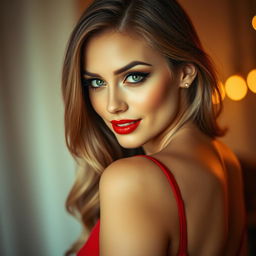 A stunning close-up of a glamorous woman with luscious long hair, wearing a form-fitting red dress that elegantly hugs her curves