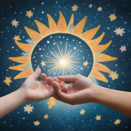 A hand offering help, providing hope to a fellow being. In the background, mixed symbols of positive changes like stars, flowers, and the sun.