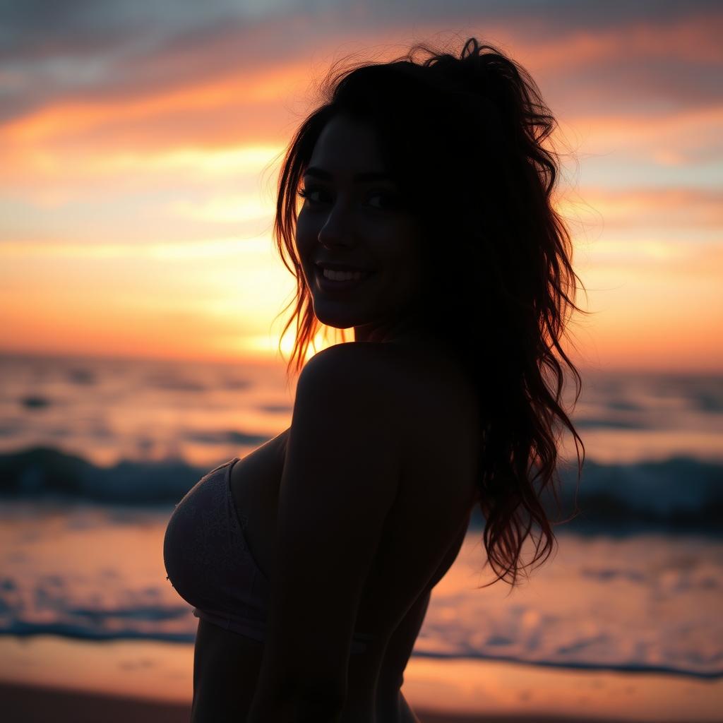 A beautiful artistic representation of a playful scene featuring a beautiful woman with captivating features, enjoying a serene beach at sunset