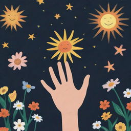 A hand offering help, providing hope to a fellow being. In the background, mixed symbols of positive changes like stars, flowers, and the sun.