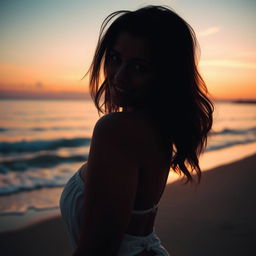 A beautiful artistic representation of a playful scene featuring a beautiful woman with captivating features, enjoying a serene beach at sunset