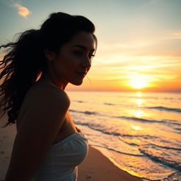 A beautiful artistic representation of a playful scene featuring a beautiful woman with captivating features, enjoying a serene beach at sunset