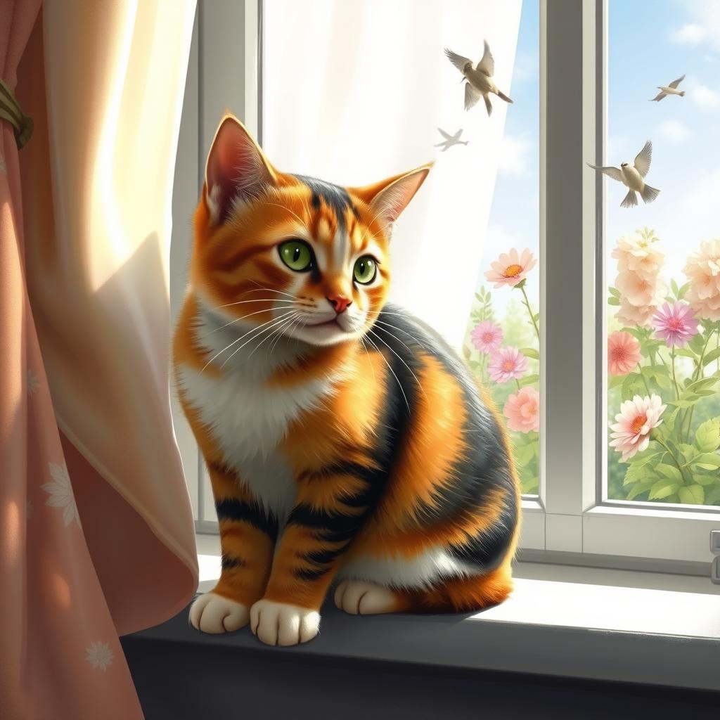 A realistic and detailed depiction of a cat, sitting gracefully on a sunny windowsill, with its fur glistening in the light, showcasing a variety of colors: orange, black, and white patches