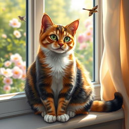 A realistic and detailed depiction of a cat, sitting gracefully on a sunny windowsill, with its fur glistening in the light, showcasing a variety of colors: orange, black, and white patches