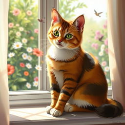 A realistic and detailed depiction of a cat, sitting gracefully on a sunny windowsill, with its fur glistening in the light, showcasing a variety of colors: orange, black, and white patches